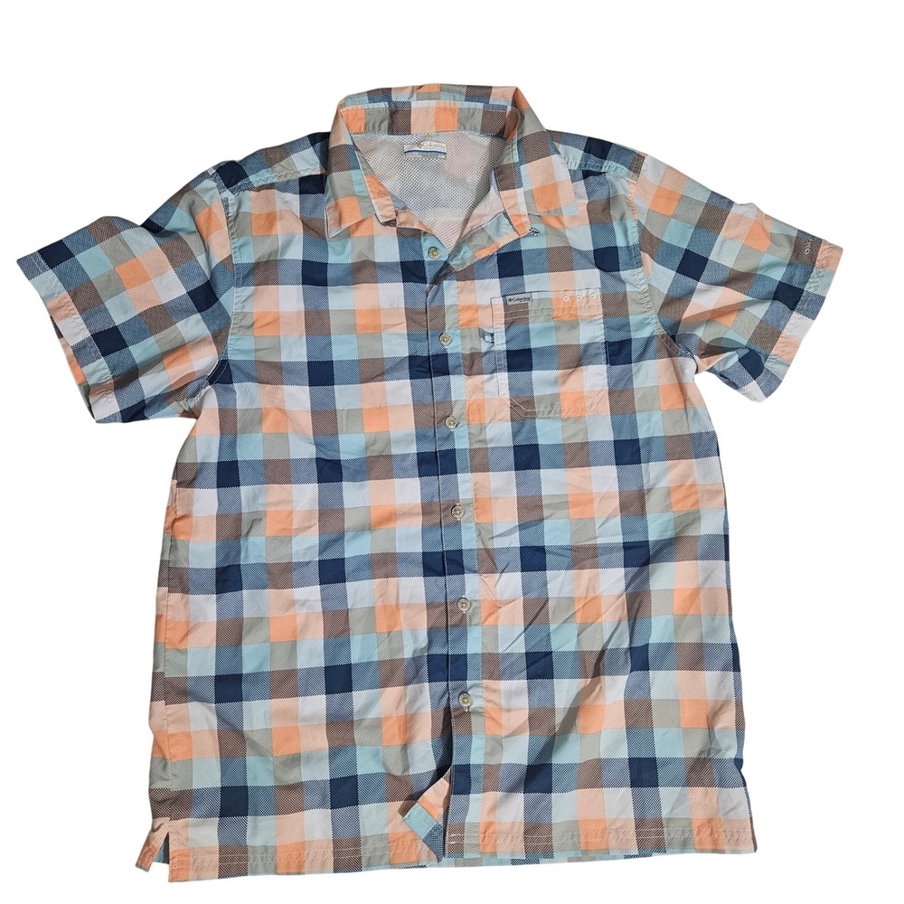Columbia PFG Mens Medium Plaid Short Sleeve Fishing Shirt Blue Orange Button Up